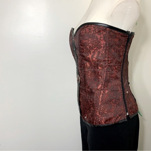 RED Black Corset Top Tapestry Faux Leather Lace up Bustier L/XL Romantic Goth - Picture 7 of 10